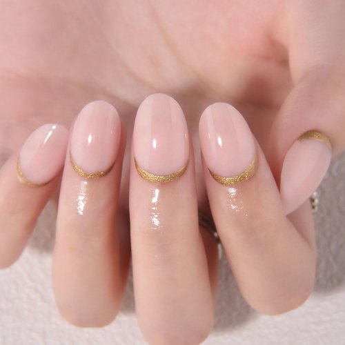 Evpct Nude Pink French Press-On Nails | Short Oval Design with Gold Foil Accents | Reusable Soft Gel Kit