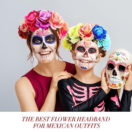 Kigeli 6 Pcs Mexican Flower Headband Day of the Dead Rose Floral Crown Halloween Headpiece for Women Girls Cosplay(Bright Color)