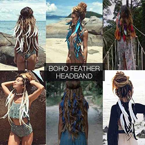 GORTIN Boho Feather Headband Hippie Headband Gypsy Feather Headpiece Indian Costume Headwear Hair Accessory for Women (A-Blue, One size)