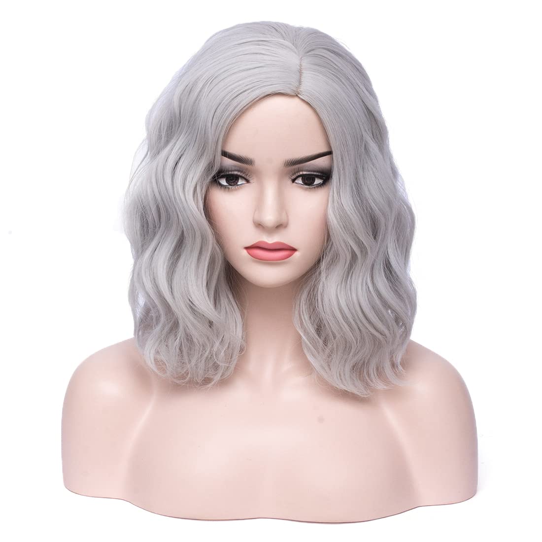 MAGQOO Grey Wig Gray Wig Women Girls Short Curly Wavy Bob Wig Grey Hair Wigs Synthetic Halloween Cosplay Costume Party Wigs