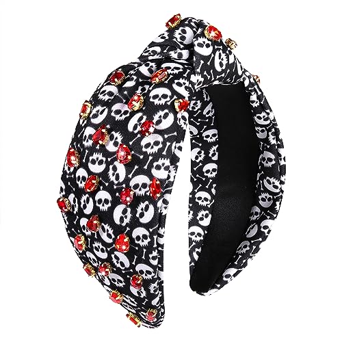 Halloween Headband Black Halloween Skull Candy Corn Print Wide Knotted Headband Accessories forWomen Rhinestone Bead Halloween Themed Charm Top Knot Headband Halloween Costume Party Hair Accessory