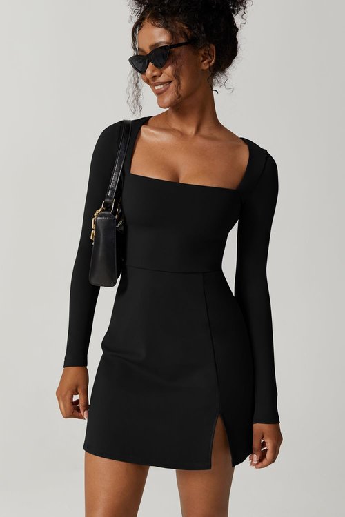 QINSEN Women's Long Sleeve Square Neck Mini Dress High Waist Party Club Outfit Black S