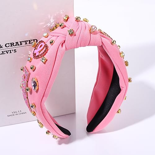 Breast Cancer Awareness Crystal Knotted Headband for Women Pink Ribbon Rhinestone Beads Headband Headpiece Top Knot Twist FIGHT Wide Breast Cancer Awareness Hairband Accessories for Girls (pink ribbon