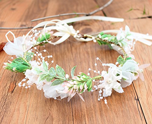 Vivivalue Pearl Flower Crown Floral Garland Headband Flower Halo Headpiece Hair Wreath Boho with Ribbon Wedding Party Photos Festival