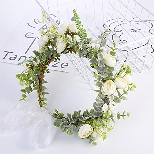 YnimioAOX Handmade Adjustable Flower Wreath Headband Halo Floral Crown Garland Headpiece,I21-milky white