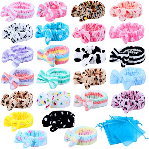 Jexine 24 Pieces Facial Makeup Headbands Spa Headband Bulk Bow Hair Head Band Fluffy Plush Headband with Gift Bags for Women Girls