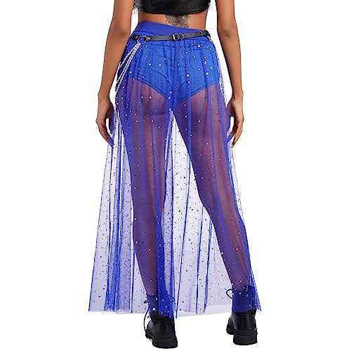 Women's Sheer Mesh 2 in 1 Glitter Sequin Elasticized High Waist A Line Party Maxi Skirt Sparkle Galaxy Sequin Tulle Cover ups Festival Outfits Costume Royal Blue S