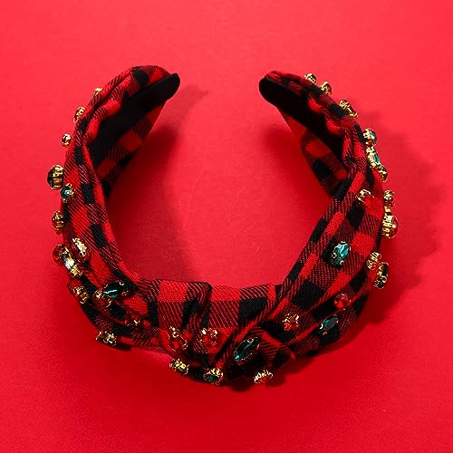 CEALXHENY Christmas Headband Accessories for Women Red Green Rhinestone Crystal Knotted Headband Jeweled Xmas Plaid Wide Top Knot Headband Christmas Outfits Holiday Gifts (Christmas 1)