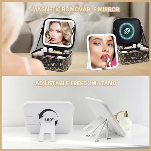 Makeup Bag with Magnetic Detachable Lighted Mirror, Travel Makeup Bag with Mirror 360¡Æ Angle, PU Leather Makeup Organizer Bag with Mirror and Lights, Portable Cosmetic Case Accessories Train Case Gift