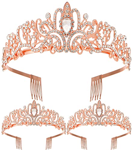 3 Pack Sparkling Crystal Princess Tiaras for Women Crown Queen Fashion Headband for Wedding Birthday Bride Bridal Prom Party Valentines Mothers Day Gifts Rose Gold