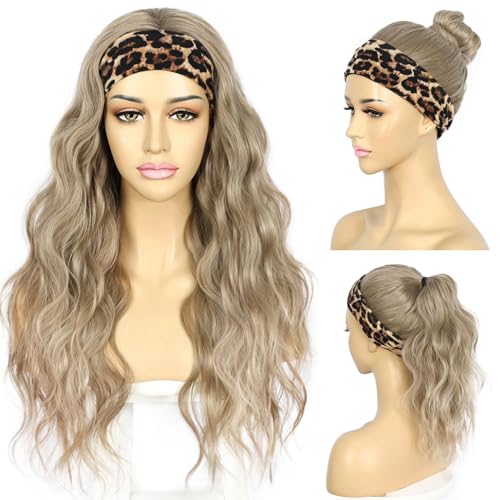 SAPPHIREWIGS Brown Headband Wigs Synthetic Long Loose Wavy Hair Mix Light Brown Hair Glueless Headband Wigs Body Wave Wigs for Women Half Wigs with Headbands Attached Daily Use 26 Inch