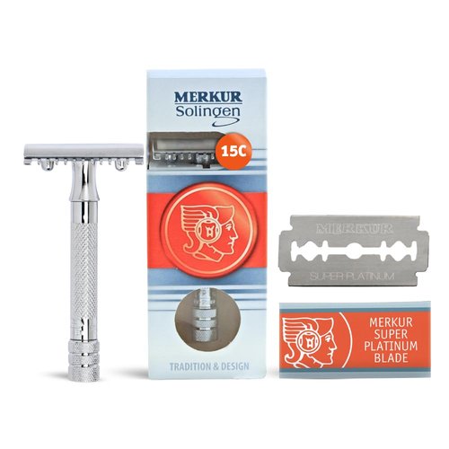 MERKUR 15C Double Edge Safety Razor - Bright Chrome Open Comb Design, Plastic-Free, Three-Piece