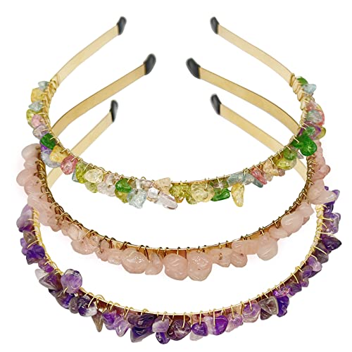 FZBHRO Rose Quartz and Amethyst Hair Accessories: Raw Crystal Tiara with Colorful Spiritual Beads for Girls (3pcs)