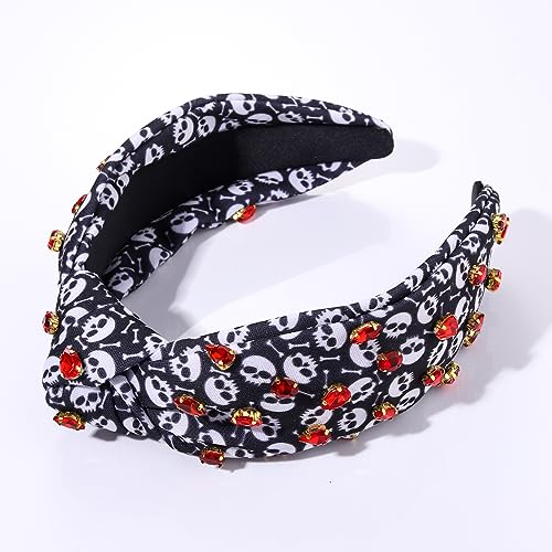 Halloween Headband Black Halloween Skull Candy Corn Print Wide Knotted Headband Accessories forWomen Rhinestone Bead Halloween Themed Charm Top Knot Headband Halloween Costume Party Hair Accessory