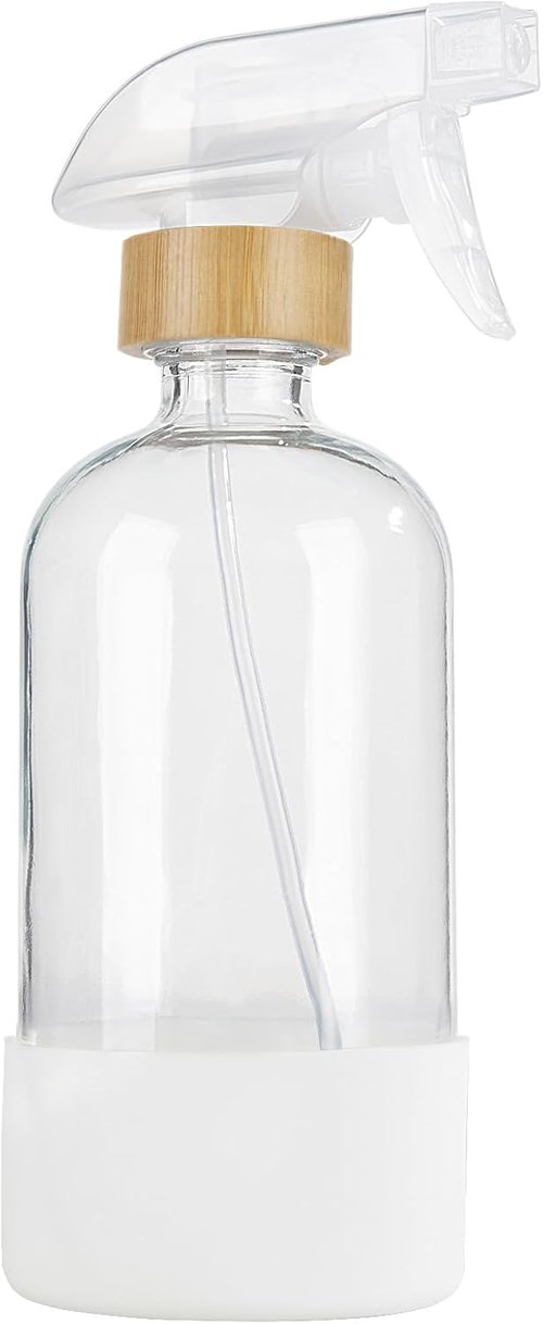 HOMBYS Bamboo Glass Spray Bottles - 17 oz Refillable Clear Containers with Silicone Sleeve for Essential Oils & Cleaning Solutions | 1 Piece
