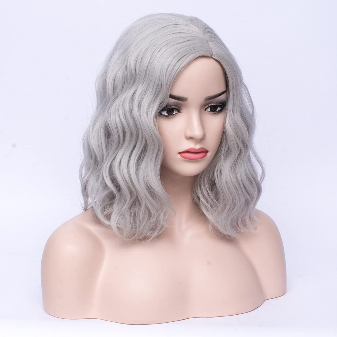 MAGQOO Grey Wig Gray Wig Women Girls Short Curly Wavy Bob Wig Grey Hair Wigs Synthetic Halloween Cosplay Costume Party Wigs