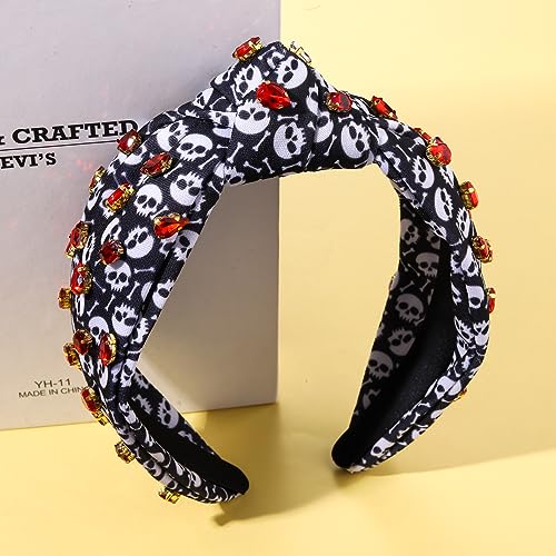 Halloween Headband Black Halloween Skull Candy Corn Print Wide Knotted Headband Accessories forWomen Rhinestone Bead Halloween Themed Charm Top Knot Headband Halloween Costume Party Hair Accessory