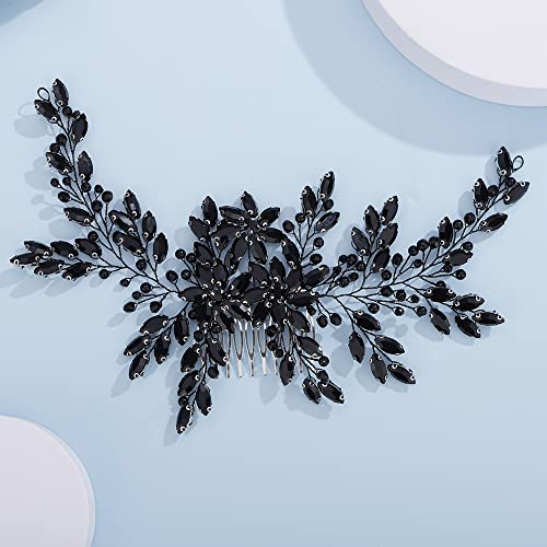 Teyglen Women Dainty Large Black Rhinestones Flower Crystal Pearls Bride Wedding Hair Comb Headband Luxurious Hair Accessories Shiny Black Rhinestones Crystals Bridal Side Hair Combs for Women Bride Girls (Black)