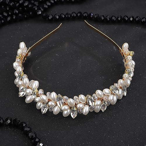 Teyglen Pearl Bride Wedding Headband Bridal Crystal Rhinestone Beads Headband Gold Silver Crystal Headpiece Elegant Hair Hoop Band Wedding Hair Accessories for Women Girls (Gold)