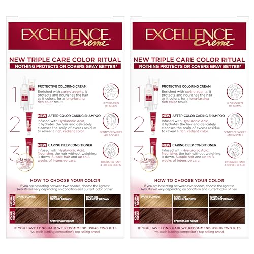 L'Oreal Paris Excellence Crème Permanent Hair Dye, Triple Care Hair Color with Hyaluronic Acid for 100% Gray Coverage, 5AR Medium Maple Brown, 1 Kit (Pack of 2) (Packaging May Vary)