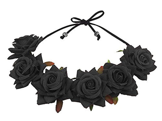 Floral Fall Rose Red Rose Flower Crown Woodland Hair Wreath Festival Headband F-67 (Black)