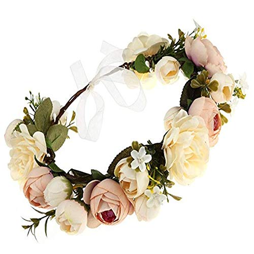 YnimioAOX Handmade Adjustable Flower Wreath Headband Halo Floral Crown Garland Headpiece,N5-champagne