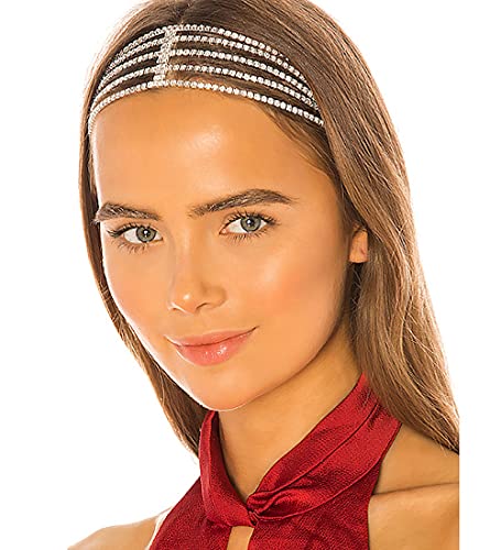 Denifery Silver/Gold Rhinestone Head Chain Forehead Bridal Headband Elastic Crystal Hair Band Halloween Prom Hair Jewelry for Women and Girls (Silver)