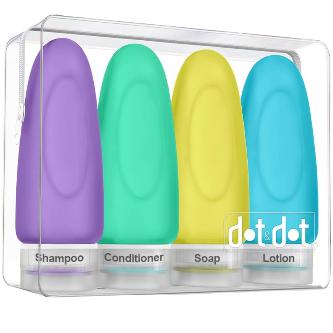 Dot&Dot Leak Proof Travel Bottles for Toiletries - TSA Approved Travel Shampoo Bottles - 3oz Travel Shampoo and Conditioner Bottles - Travel Size Toiletries - 3 oz Silicone Travel Bottles with Labels