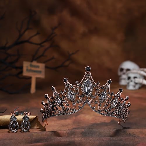 Obmyec Baroque Tiaras Black Crown Earring Crystal Head Crown Rhinestone Prom Princess Crowns Gift Party Sparkly Hair Accessories for Women