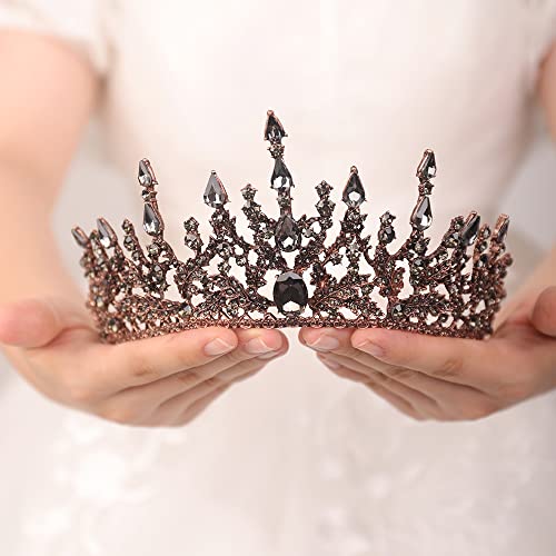 JWICOS Baroque Gothic Queen Crown for Women Rhinestone Crystal Wedding Crown Black Tiara and Crown Goth Costume Party Accessories for Costume Party Photography (Black)