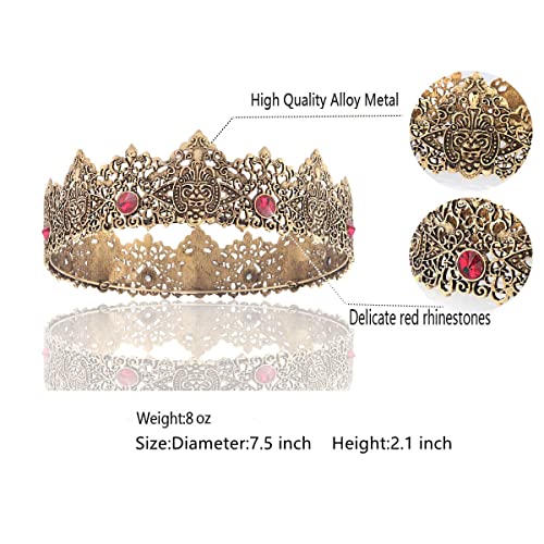 LEEMASING King Men Gold Tiara Crown Imperial Medieval Headband Crystal Pageant Costumes For Wedding Halloween Faire Birthday (Dark Gold With Black Stone)