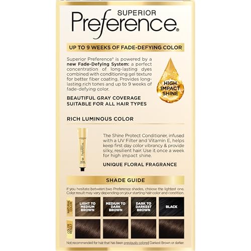 L'Oreal Paris Superior Preference Luminous Fade-Defying Permanent Hair Color, Hair Dye For Up to 9 Weeks of Radiance, Dark Brown 4, 1 Hair Dye Kit
