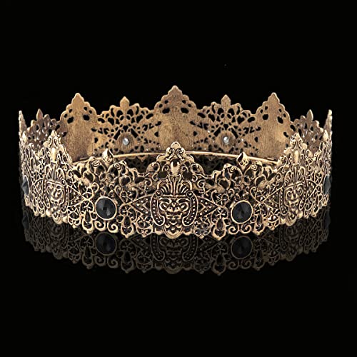 LEEMASING King Men Gold Tiara Crown Imperial Medieval Headband Crystal Pageant Costumes For Wedding Halloween Faire Birthday (Dark Gold With Black Stone)