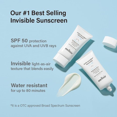 Melixir Airfit Invisible™ Sunscreen SPF 50 - Broad Spectrum Korean Rice Formula for Sensitive Skin | Moisturizing, No White Cast, Waterproof (1.7fl.oz./50ml)