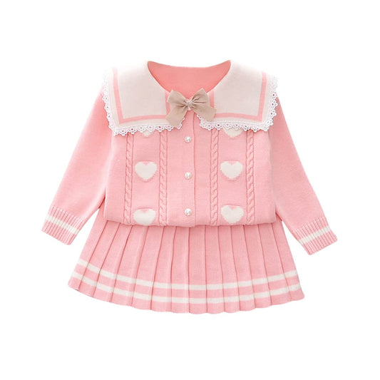 Baby Girls Autumn Winter Fall Clothes Knit Long Sleeve Ruffle Sweater Top+Pleated Mini Tutu Skirt 2pcs Outfit for Kids Princess Casual Playwear Homewear Clothing Set Lapel-Pink Heart 4-5T