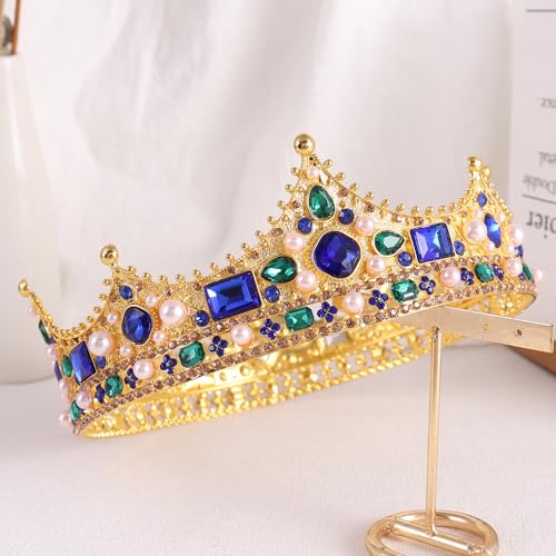 King Crystal Wedding Tiara Vintage Rhinestone Crown Hair Bands For Men Birthday Prom Pageant Hair Accessories (Gold With Blue Stone)