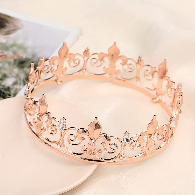 LEEMASING Royal Full King Crown Metal Crowns And Tiaras For Men Cosplay Wedding Prom Party Decorations Crown Headpieces Accessories (Rose Gold)