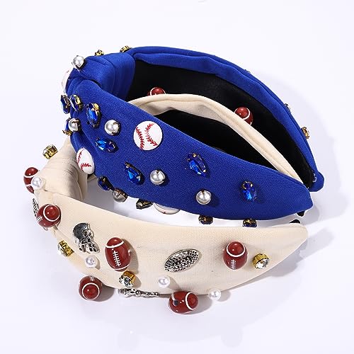 Football Headband Pearl Rhinestone Football Baseball Charms Jeweled Knotted Headband Game Day Sport Wide Headpiece Hair Accessories Gift for Sports Fan (game day headband A)