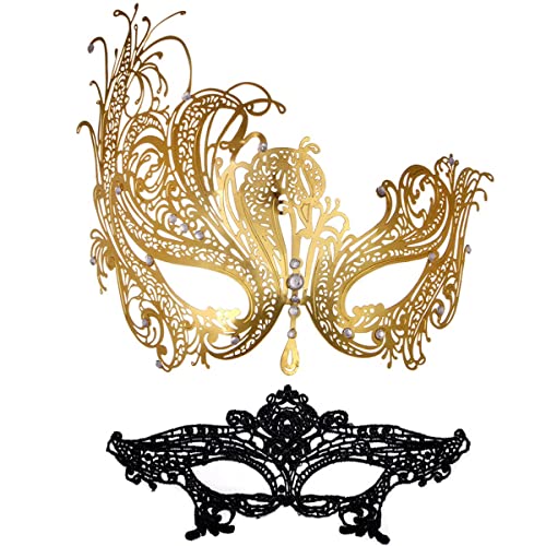 MYMENU Masquerade Mask for Women Shiny Rhinestone Venetian Party Prom Ball Metal Mask (Gold Phoenix)