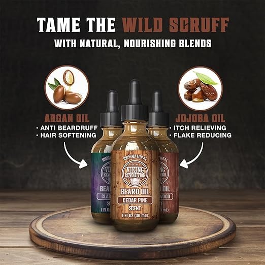 Viking Revolution Beard Oil - Natural Conditioning Oil Set with Sandalwood, Pine & Cedar Scents | 3 Pack (1oz Each)