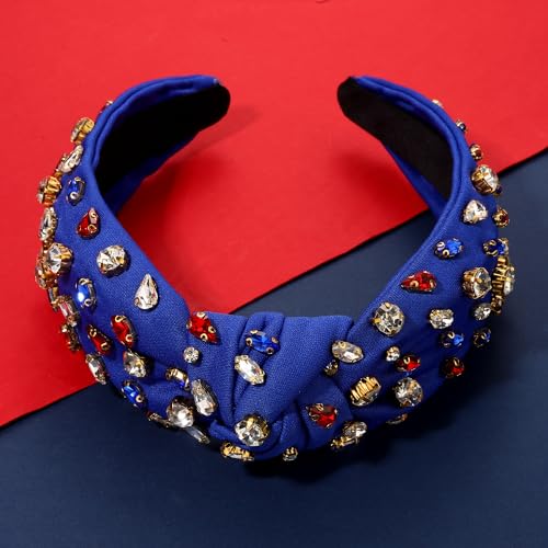 NVENF American Flag Headband for Women 4th of July Headband Accessories Red White Blue Rhinestone Crystal Knotted Headband Patriotic Hair Accessory Outfit Gifts (A-Blue Flag)