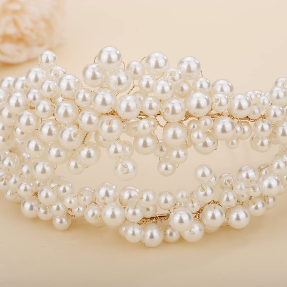 Teyglen Wedding Pearl Headband Bridal Pearl Beads Tiara Crown Floral Princess Hair Crown Hair Pieces Hair Accessories for Women Bride Prom Birthday Party (Ivory)