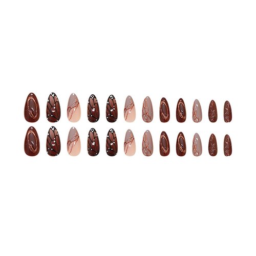 24Pcs Brown Almond Press on Nails Medium Fake Nails with Glue Reusable False Nails with Butterfly Wings Golden Line Design Artificial Acrylic Nails Press ons Full Cover Holiday Stick on Nail for Women