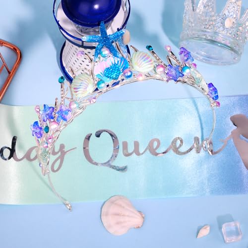 YARIEW Mermaid Birthday Crown and Birthday Queen Sash Mermaid Birthday Decorations Mermaid Party Decorations for Girls Birthday Sash for Women Mermaid Birthday Party Favor