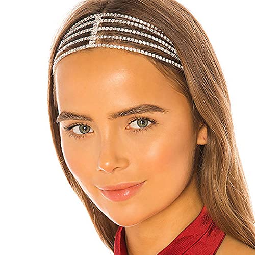 JEAIRTS Rhinestone Head Chain Forehead Bridal Headband Elastic Crystal Hair Band Halloween Prom Hair Jewelry for Women and Girls (1-Silver)