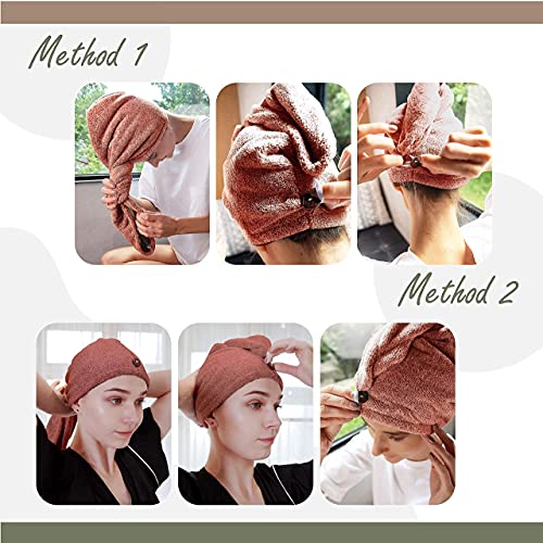 myHomeBody Hair Towel Wrap, Luxury Rapid-Dry Hair-Drying Turban, Ultra Soft and Quick Drying Absorbent Charcoal Fiber, with Coconut Shell Button – Cinnamon