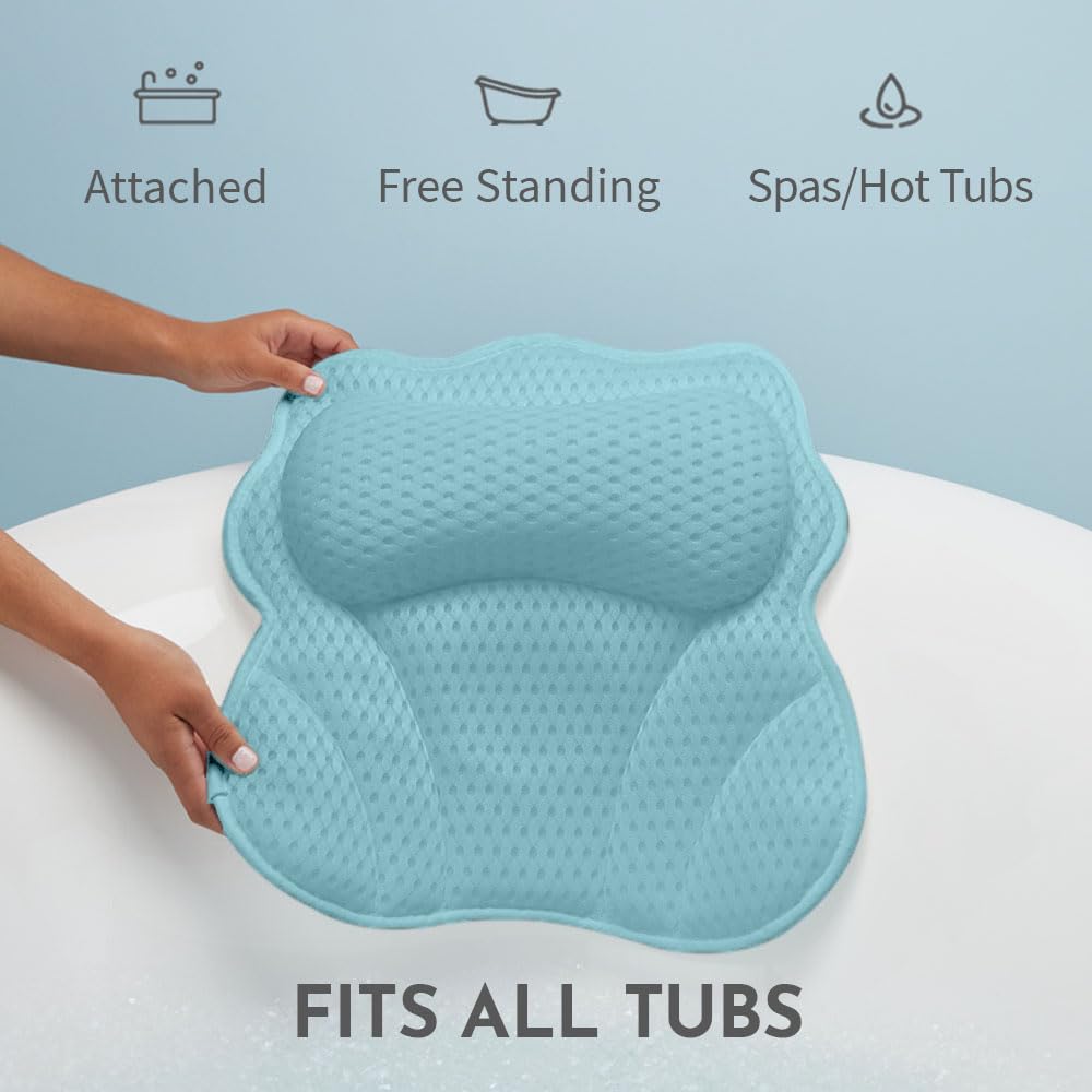 WONDERfoam Thick Padded Ergonomic Bath Pillow for Tub, Bathtub Headrest Neck and Back Support, Strong Suction Cups, Machine Washable Breathable Mesh Quick Dry Pillows, Luxury Spa Accessories, Blue