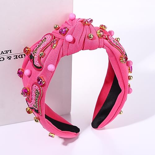 Hot Pink Knotted Headband Western Cowgirl Headband Accessories for Women Beaded Cowboy Boot Embellished Headband Rhinestone Crystal Pearl Top Knot Headband Rodeo Nashville Bachelorette Party Country