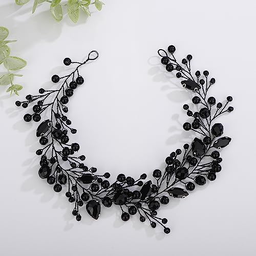 Teyglen Bridal Black Rhinestone Crystal Hair Vine Black Crystal Headband Hair Accessories for Bride Handmade Black Beads Hair Piece Boho Pearl Crystal Headpiece for Women Girl Party Prom (Black)