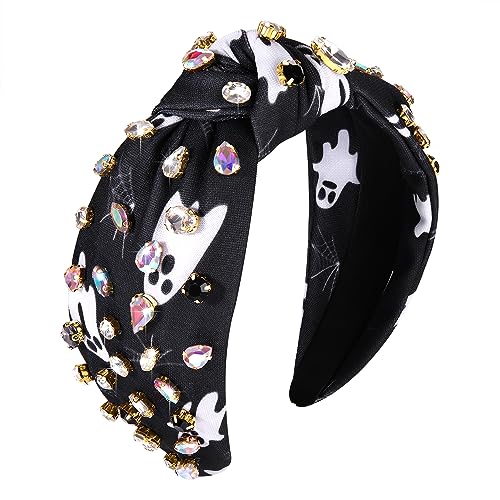 Halloween Crystal Knotted Headband for Women Rhinestone Jeweled Embellished Spooky Ghost Print Wide Top Knot Hairband Halloween Costume Party Hair Accessory